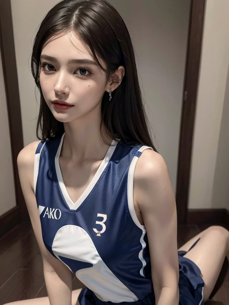 absurdres, RAW photo, extremely delicate and beautiful, masterpiece, Best Quality, ultra high resolution, 32k, hyperrealistic, ultra-detailed, perfect anatomy, anatomically correct, perfect figure, Perfect Style, Perfect balance, super Detailed skin, in her 30s, very Slim body, narrow waist, very small head, very small face, delicate facial features, handsome detailed woman, very detailed eyes and face, realistic face proportions, Realistic beautiful face, Realistic beautiful eyes, tearful mole, earring, very huge round tits, (full body shot:1.2), (whole legs:1.2), medium hair, dark blonde hair, asymmetrical hair, indoor, (soccer Jersey:1.2), (sleeveless:1.2),