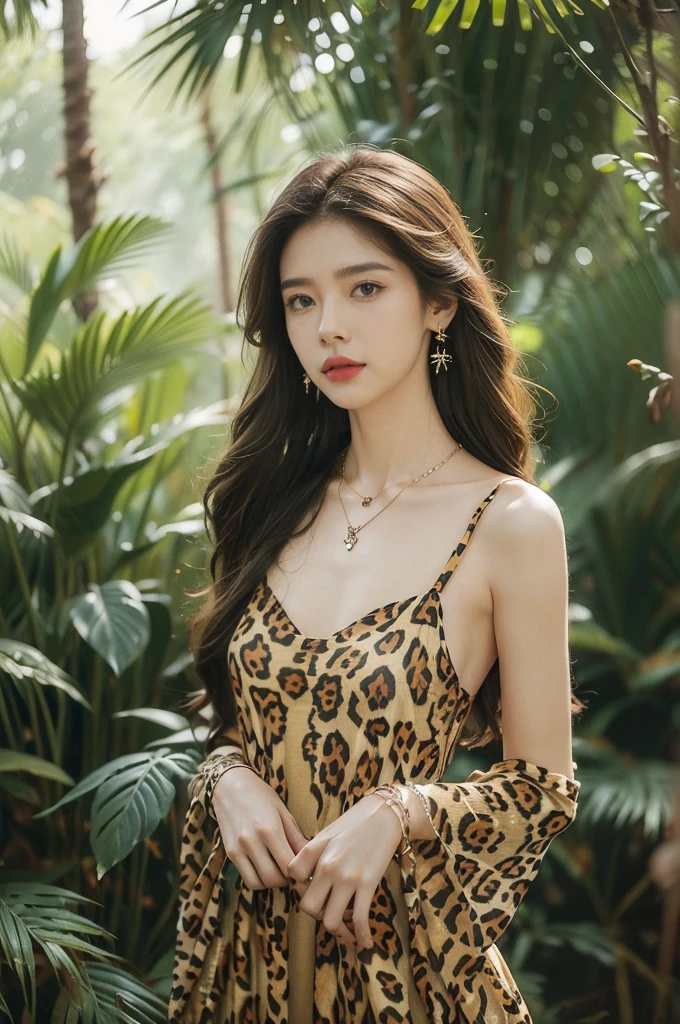 (((best quality))),(((ultra detailed))),(((masterpiece))),illustration,((1 beautiful girl,solo)),(shoulder length messy hair:1.2),((Beast bone earrings and necklace)),((slim,thin)),((small breasts,flat chest)),(slender legs:1.2),fair complexion,(leopard print sundress:1.3),seductive,wild spirit,lush forest,primitive,tall trees,green canopy, sunlight filter,scent of earth,bird chirping,small creatures,secluded spot,captivating,enigmatic,raw energy,untamed spirit,morden day Eve,Garden of Eden,playful,adventurous,striking appearance,exotic setting,summertime,heat,humidity,vibrant colours,endless possibilities,exquisite detail,expansive wilderness,feminine allure,((from front,upper body))