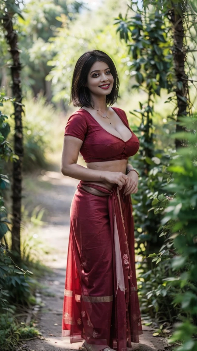 ((best quality, 8K, masterpiece :1.3)),(actual, lifelike:1.4), original photo, High resolution, Beautiful woman with perfect body :1.4, ((big breasts:1.5)),red saree,in the woods,Full body photography,Smile