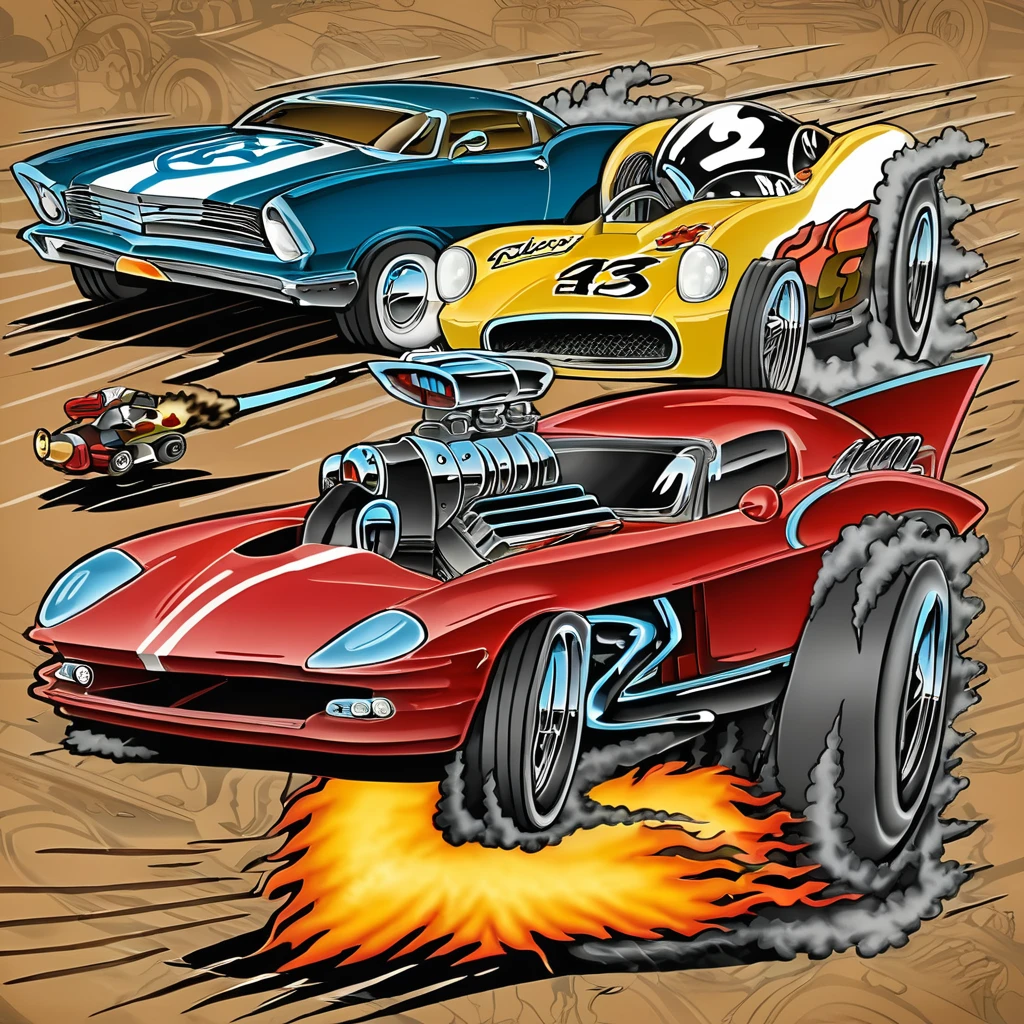 a racer is fighting with other racers, retro, classic, cartoon style