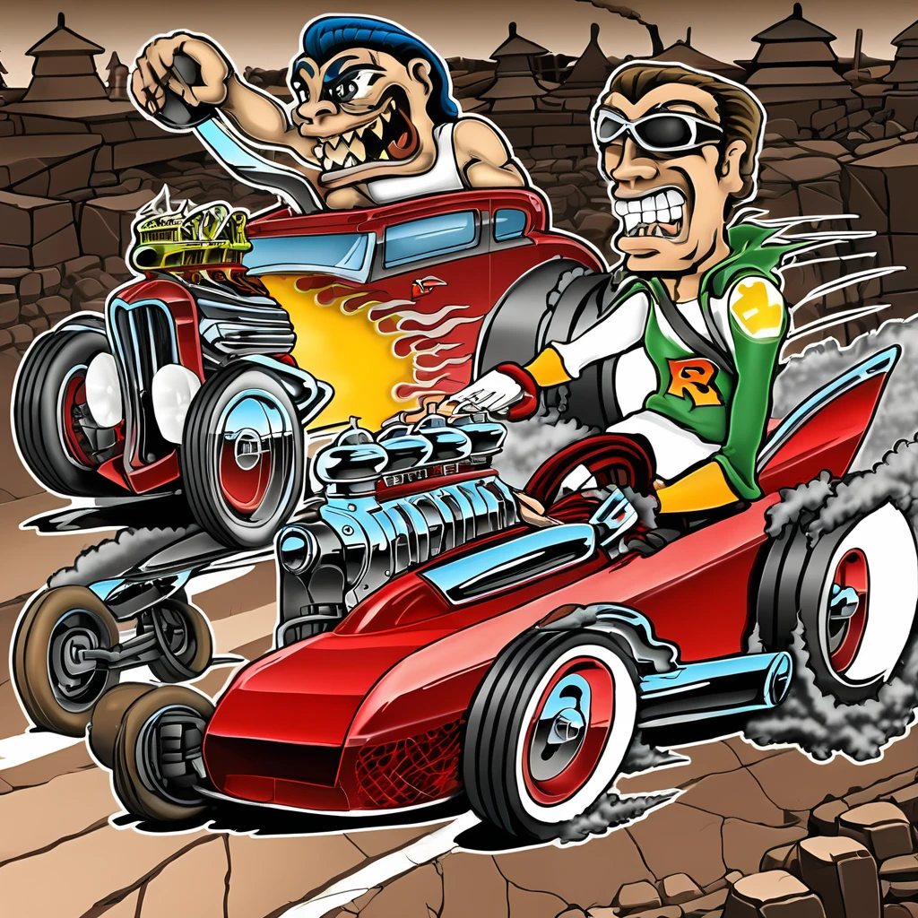 a racer is fighting with other racers, retro, classic, cartoon style
