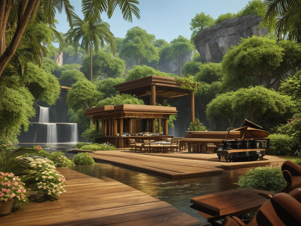 cafe restaurant, a music stage in a cave, big stage, tone white, spotlights, natural lighting, musical equipment, guitars, pianos, drum sets, trumpets, realistic, surreal,
Wide space, trees around, glass windown big, Realistic,Photorealism, unreal engine 5 render, jungle, river, flowers, extremely detailed, colorful