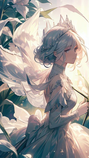 A girl in dazzling crystal dress and crystal veils, walking, detailed face, spring, calla lily, bushes, pastel scatter light, masterpiece, dynamic camera