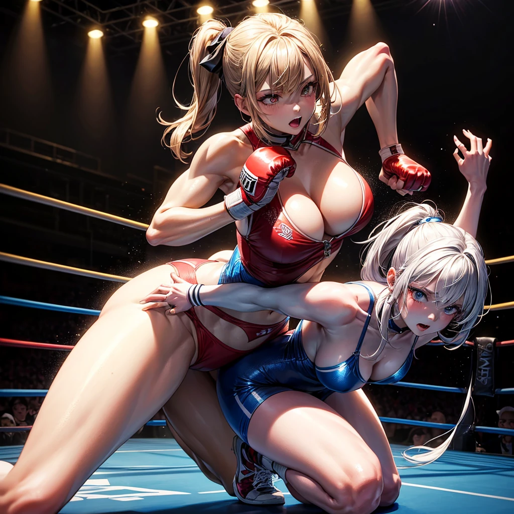 (masterpiece, best quality, ultra detailed), 2girl, wrestling, ring, fight, joint technique