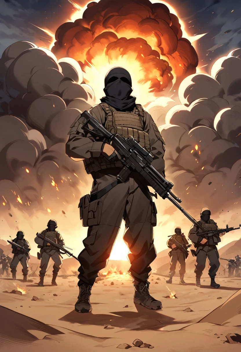 Terrorists, black balaclava, black clothes, war, desert, night, blood, sandstorm, chaos, nuclear explosion