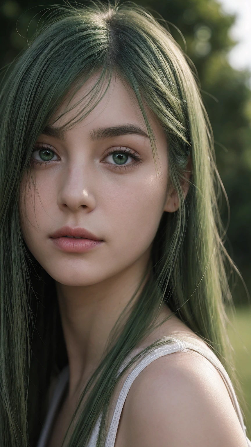 a girl. Europe. detailed face. delicate facial features. pointed chin. Oval face. shy eyes. feeling sad. green hair. green eyes. long straight hairstyle. messy hair. thin lips. outdoor