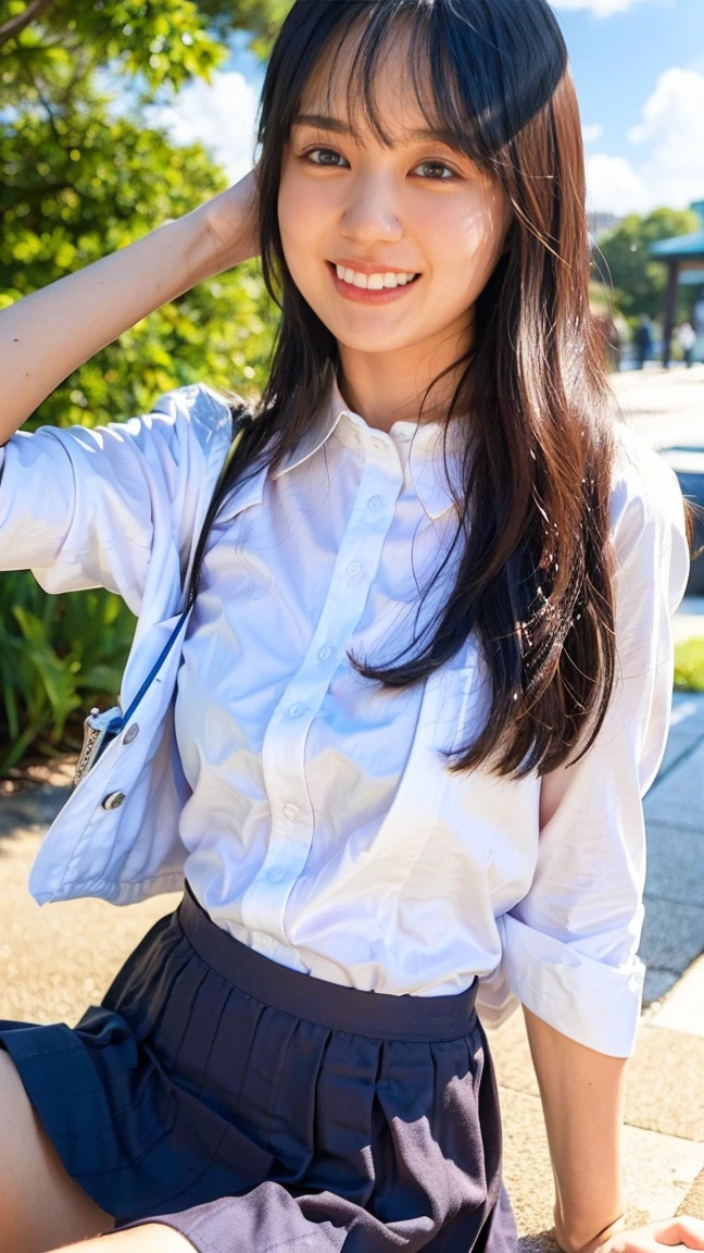 Composition from bottom to top:2.53,One Girl、Beautiful and detailed eyes and face、barefoot、Cute 16 year old Japanese girl, ((Extremely precise and accurate anatomy:1.0)), (photo Realistic:1.4), (hyper Realistic:1.4), (最高品質のRealisticな肌の質感:1.4), (Improvement of quality:1.4), (Enhances the beauty of skin texture:1.1), Clean and glowing skin, mesh, thin:1.2, (Realistic:1.3), Realisticなライティング, (Smoother lighting:1.05), (Improving the quality of cinema lighting:0.9), Backlight, A gentle light for your face, Ray Tracing, (Bright light:1.2), 32K, One Japanese woman, fine grain, Detailed face, (Film Grain:1.1),(Accentuates body lines:1.1), High resolution, Natural look, Kind eyes, Improves hair quality, Delicate light and shadow, Graceful pose, Sharp details, Soft light reflection, Beautiful contours, Delicate skin tone, Fine hair texture, Natural background, (((sunnyた日、School Area、A strong wind is blowing、Her hair and skirt are flying、 Open shirt、Pleated skirt、stroll:1.25、Light of the sun、sunny、stage、Blue sky and white clouds、The joy of youth)))、