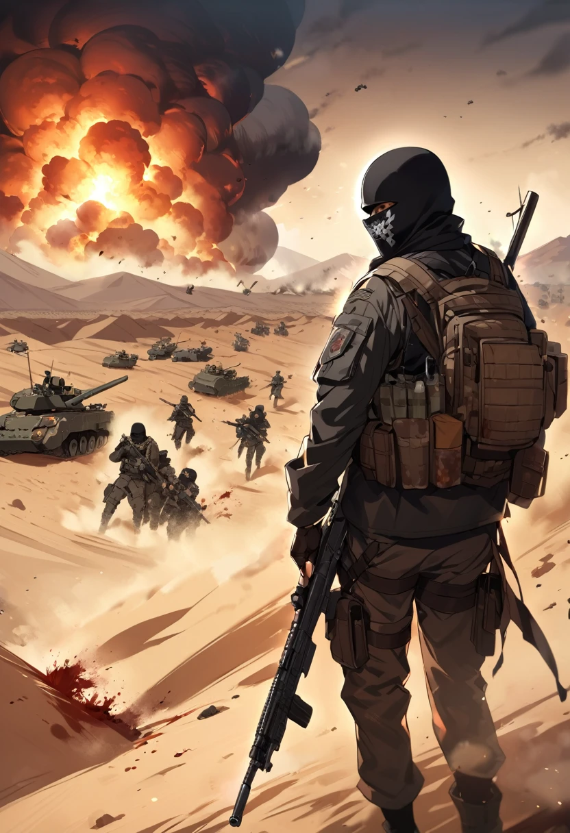  Terrorists, black tied balaclava, black clothes, war, desert, night, blood, sandstorm, chaos, nuclear explosion 