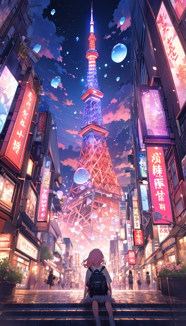 Night cityscape in the background、A girl is sitting on a hill and looking at Tokyo Tower。The sky changes from dusk to night with a beautiful gradation.、Purple and pink hues are prevalent。Clouds are floating here and there、Creates a fantastic atmosphere。There are giant soap bubbles floating around.、It reflects light and shines。The city below is lit up with countless lights、The buildings are crowded together。The girl is wearing a black T-shirt、carrying a backpack on one's back。Pink flowers bloom in the foreground。The girl is wearing a black T-shirt。
carrying a backpack on one's back。
Tokyo Tower is located in the center、The light is shining。
The sky is a gradation from dusk to night、Purple and pink hues are prevalent。
Giant soap bubbles floating in the air。
The cityscape is densely packed with buildings.、Illuminated by countless lights。
Pink flowers bloom in the foreground。Paintings inspired by Makoto Shinkai, Beautiful anime scenery、Ultra-realistic, Anime movie background, Pixiv Topics、Her hair is fluttering in the wind