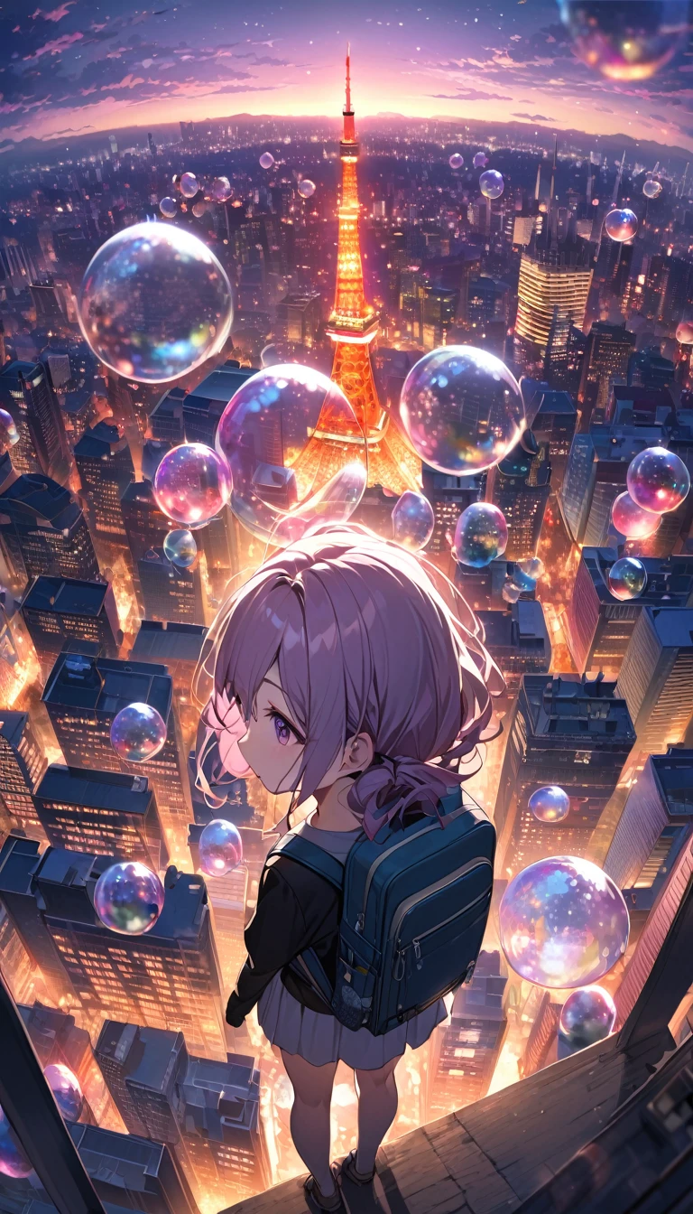 Night cityscape in the background、A girl is sitting on a hill and looking at Tokyo Tower。The sky changes from dusk to night with a beautiful gradation.、Purple and pink hues are prevalent。Clouds are floating here and there、Creates a fantastic atmosphere。There are giant soap bubbles floating around.、It reflects light and shines。The city below is lit up with countless lights、The buildings are crowded together。The girl is wearing a black T-shirt、carrying a backpack on one&#39;s back。Pink flowers bloom in the foreground。The girl is wearing a black T-shirt。
carrying a backpack on one&#39;s back。
Tokyo Tower is located in the center、The light is shining。
The sky is a gradation from dusk to night、Purple and pink hues are prevalent。
Giant soap bubbles floating in the air。
The cityscape is densely packed with buildings.、Illuminated by countless lights。
Pink flowers bloom in the foreground。Paintings inspired by Makoto Shinkai, Beautiful anime scenery、Ultra-realistic, Anime movie background, Pixiv Topics、Her hair is fluttering in the wind