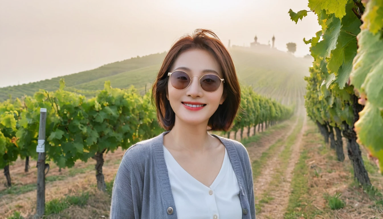 8k best picture quality, Beautiful 36-year-old Korean woman, Chest size 34 inches, Dawn in the northern Italian countryside, View of the cathedral next to the vineyards, The back background is realistic and vivid image quality, short medium hair, Wear a shirt and cardigan and casual pants, Smile slightly. the background is clear, looking up the side., street trees on the hill, small path, Looking at the vineyard covered in thick fog, Wearing thick horn-rimmed sunglasses