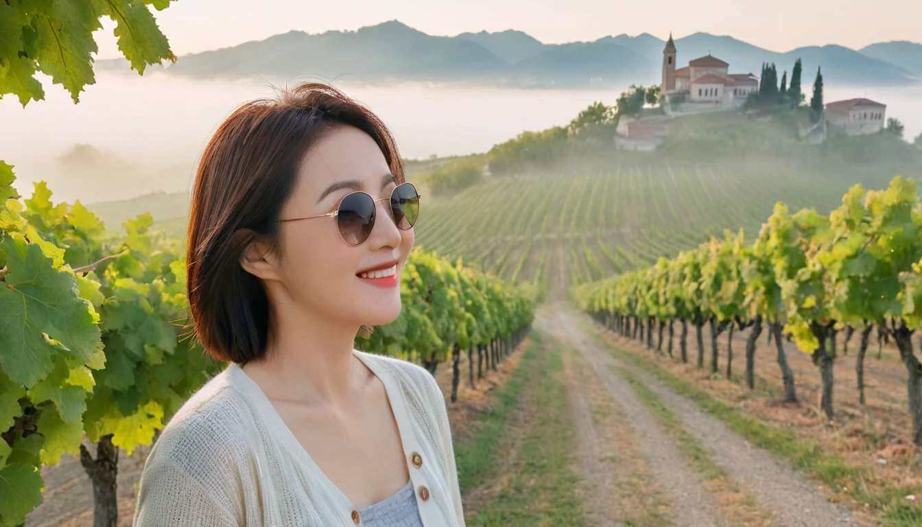 8k best picture quality, Beautiful 36-year-old Korean woman, Chest size 34 inches, Dawn in the northern Italian countryside, View of the cathedral next to the vineyards, The back background is realistic and vivid image quality, short medium hair, Wear a shirt and cardigan and casual pants, Smile slightly. the background is clear, looking up the side., street trees on the hill, small path, Looking at the vineyard covered in thick fog, Wearing thick horn-rimmed sunglasses