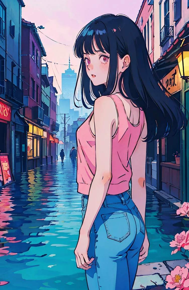 A tree decorated with bright purple flowers々Beautiful Asian girl standing on a street lined with. The girl is wearing a white tank top and a pink trucker jacket.、And he was wearing blue short jeans。. background, City buildings and parked cars are visible. The scene exudes a serene atmosphere, Flooded with natural light, レンズフレアとbackground光を作成する. Dolly Ramp Transition Effect, Professional color gradation, the 90s/80s Anime Moontage Style