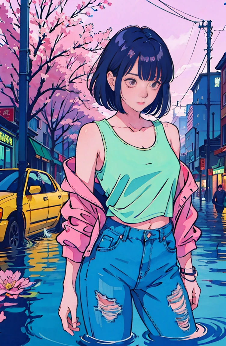 A tree decorated with bright purple flowers々Beautiful Asian girl standing on a street lined with. The girl is wearing a white tank top and a pink trucker jacket.、And he was wearing blue short jeans。. background, City buildings and parked cars are visible. The scene exudes a serene atmosphere, Flooded with natural light, レンズフレアとbackground光を作成する. Dolly Ramp Transition Effect, Professional color gradation, the 90s/80s Anime Moontage Style
