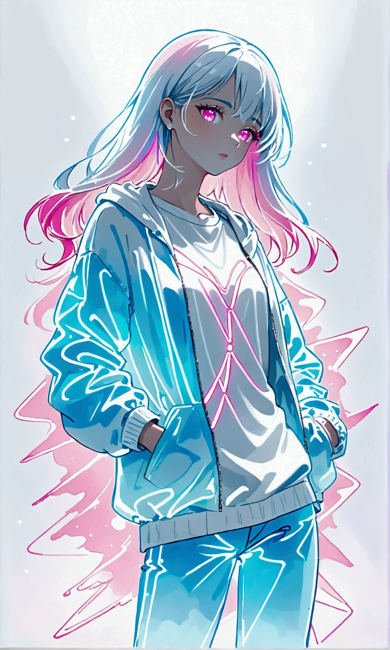 Light blue, pink and white watercolor,Rough fashion girl,(((Line art in glowing white neon))),Pale color background,Sparkling,flash,pastel colour,ネオンflash,Zentangle Elements,Absurd