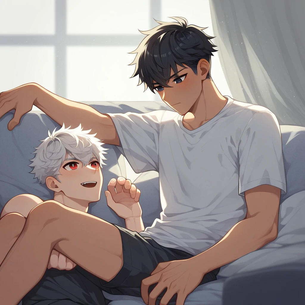 2 young men, focus man , Yaoi, pair, (human , short hair, black hair, light black eyes , tan skin), (human, white hair , red eyes ,bright white skin ) , The best aesthetics , best quality, Amazing quality, The best aesthetics ,The backdrop is the living room.,
