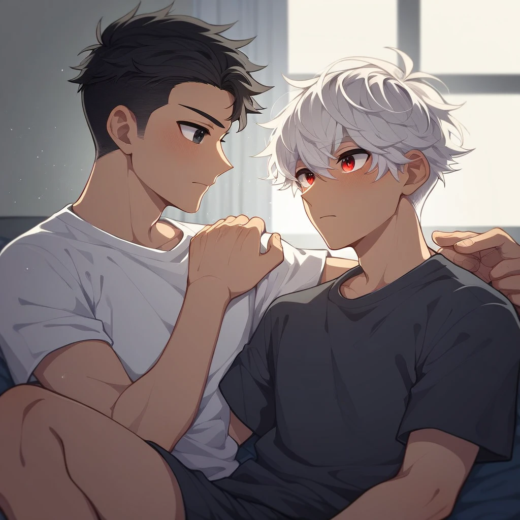 2 young men, focus man , Yaoi, pair, (human , short hair, black hair, light black eyes , tan skin), (human, white hair , red eyes ,bright white skin ) , The best aesthetics , best quality, Amazing quality, The best aesthetics ,The backdrop is the living room.,
