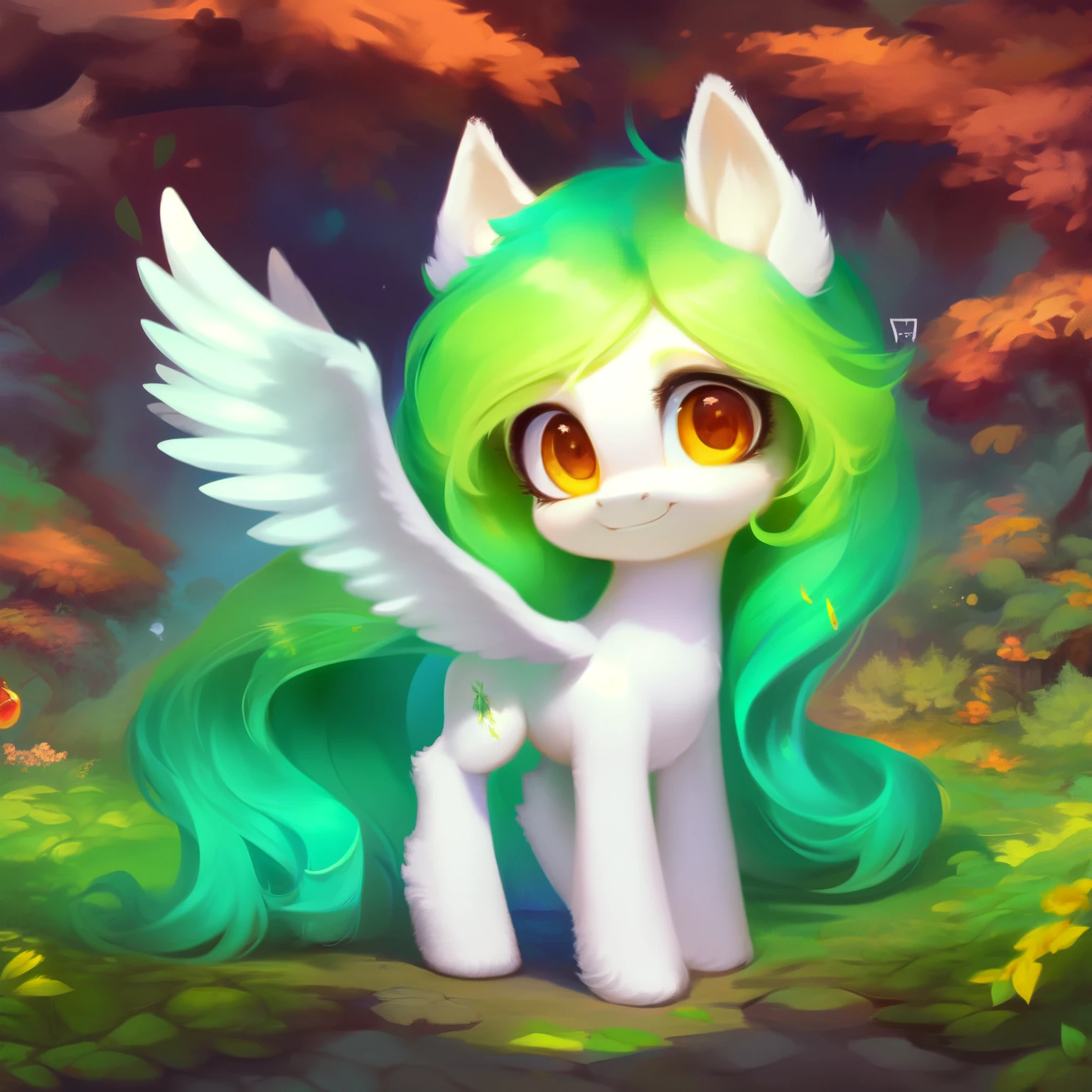 rating_safe, score_9, fluffy,   a child ， a little pegasus pony with spread wings. She had white skin, Moss green mane, long mane，a happy smile, and innocent and clear golden eyes. happily，Childlike innocence。only 2 wings。She is a spiritually curious child。