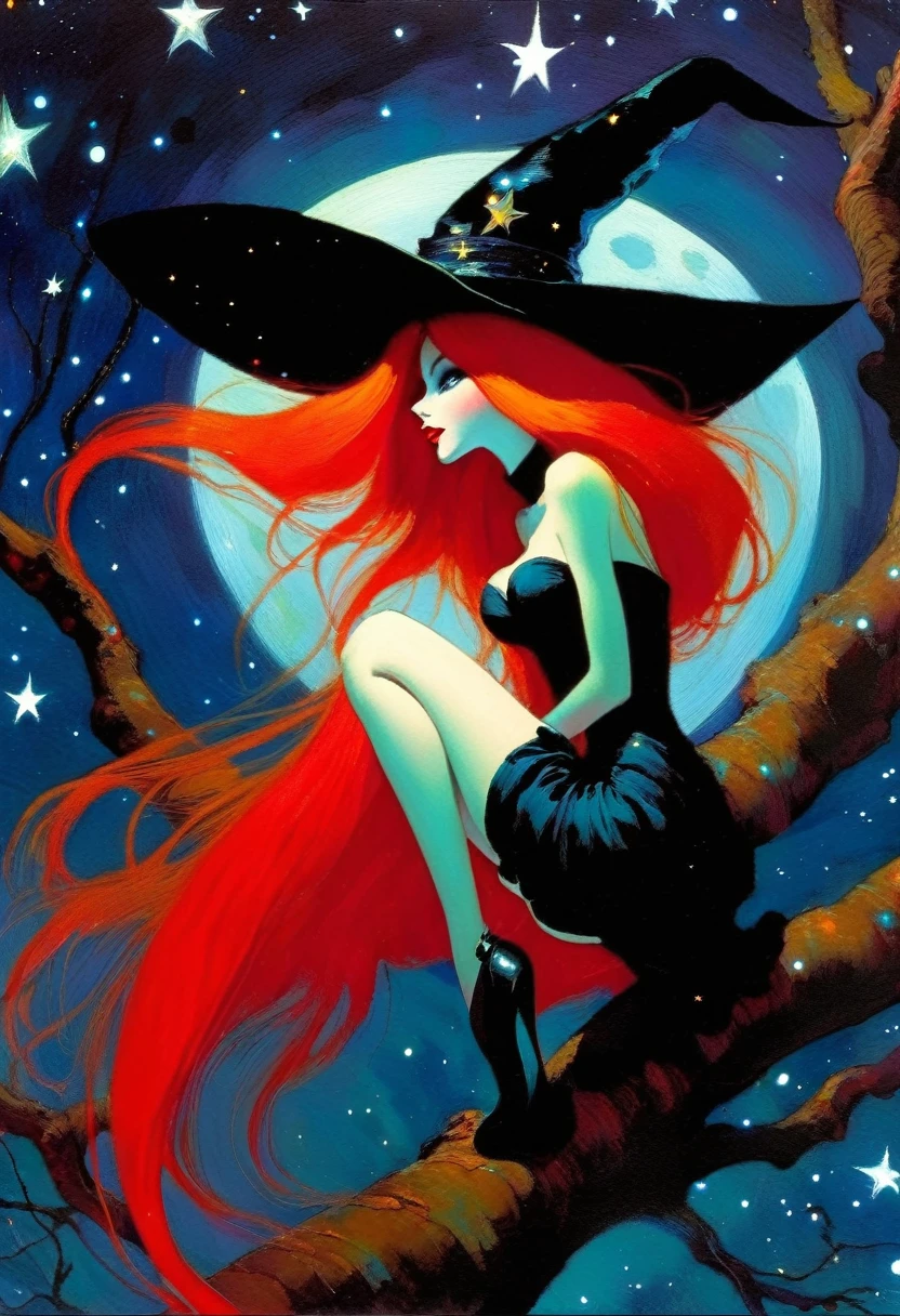 ((🧙♀️)), (black hat), {witch sitting on a high tree branch}, very long red hair, sexy, , ((from below)), magic, fantastic, night sky, moon , stars, background, Alice in Wonderland, alone, very beautiful, cute, adorable, embarrassed, alone, Glowify (simple oil painting in the style of Bill Sienkiewicz)