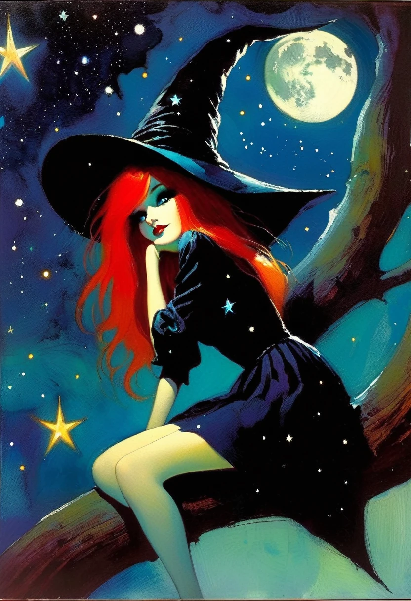 ((🧙‍♀️)), (black hat), {witch sitting on a high tree branch}, very long red hair, sexy, , ((from below)), magic, fantastic, night sky, moon , stars, background, Alice in Wonderland, alone, very beautiful, cute, adorable, embarrassed, alone, Glowify (simple oil painting in the style of Bill Sienkiewicz)
