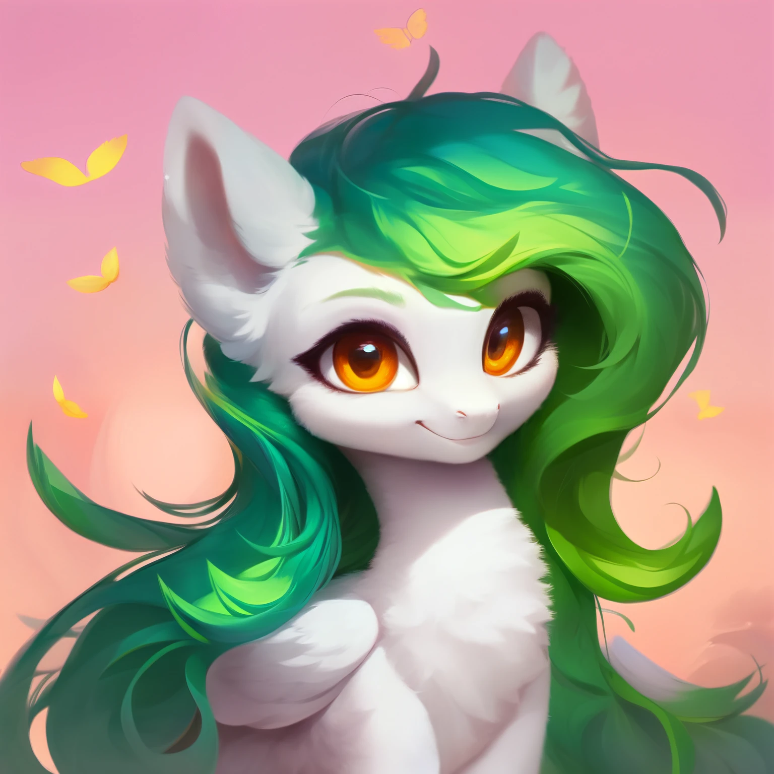 rating_safe, score_9, fluffy,   a child ， a little pegasus pony with spread wings. She had white skin, Moss green mane, long mane，a happy smile, and innocent and clear golden eyes. happily，Childlike innocence。only 2 wings。She is a spiritually curious child。