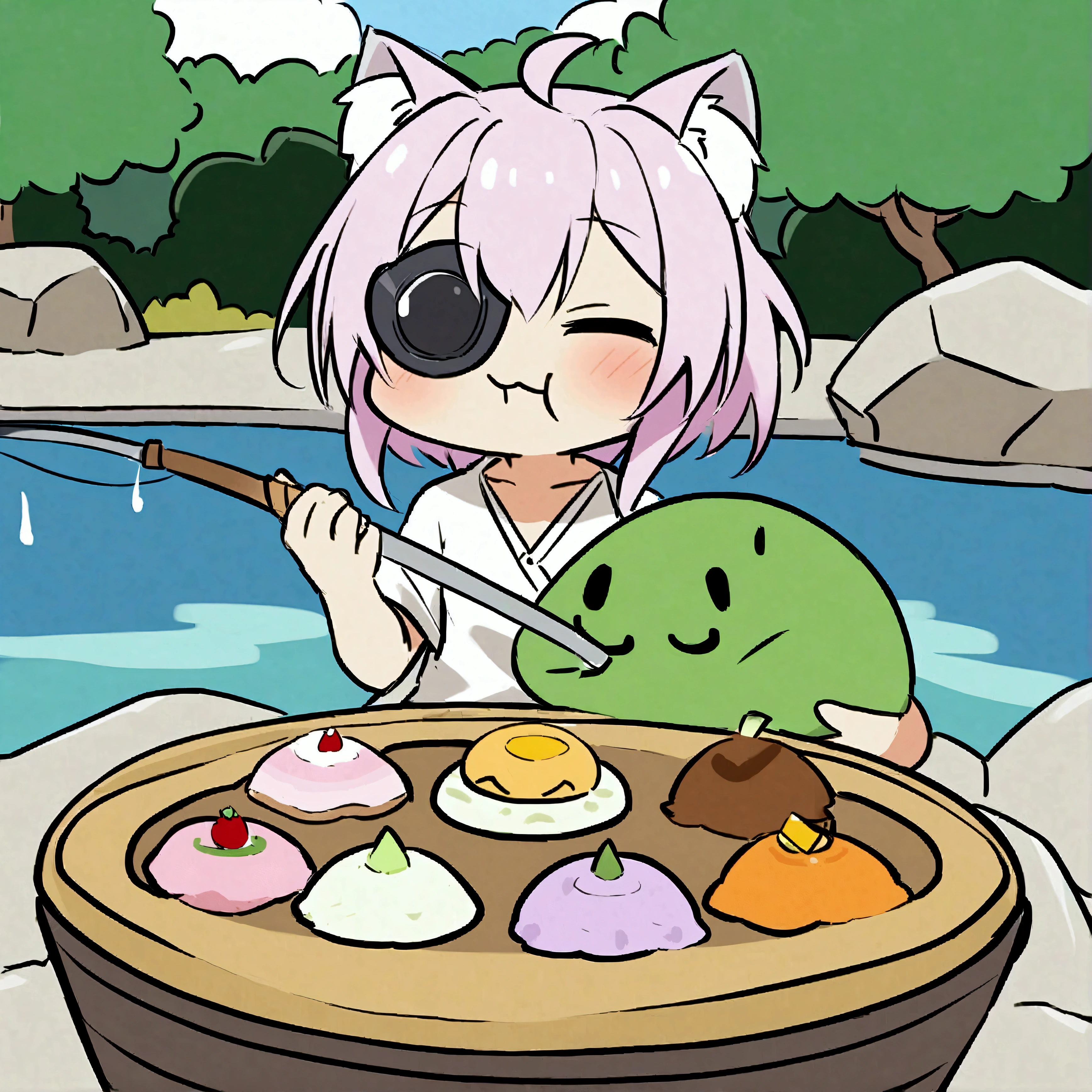 One-eyed dragon Nekomasamune、solo、1Animals、He's a little laid back and does things at his own pace, but he's a nice cat warrior.。Oshu no Hashibira、Walking, eating out, visiting hot springs, fishing、Zunda Chi-Sasa kamaboko with zucchini, a famous confectionery from Sendai, Miyagi、「Ryugetsu」and「Aoba」(Nekomasamune sword)「Thank you meow meow」「I'm so hungry」(Date's favorite sword)