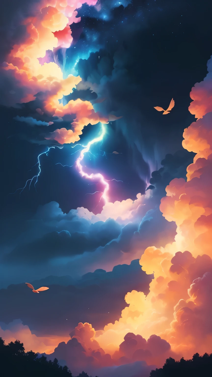 ((best quality)), ((masterpiece)), (detailed), A digital illustration of a dark blue rainbow lightning in a dark blue sky with small peach color birds flying in the background