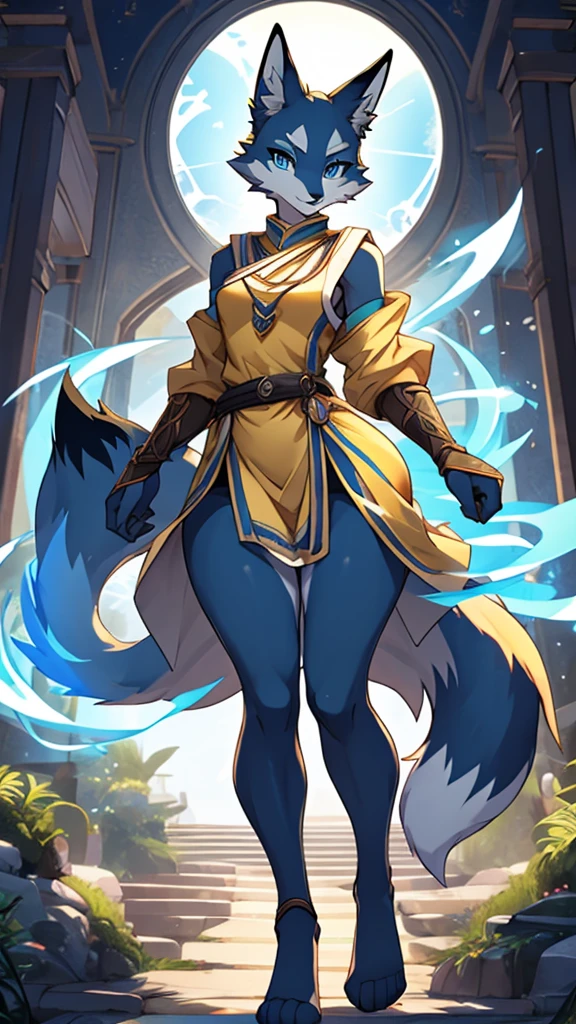 Short Male femenine fox with Wide hips, Big thighs, Gray fur, large butt, Slim shoulders, Slim waist, Gorgeous Navy blue eyes, wearing a Yellow tunic emiting a powerful blue aura 