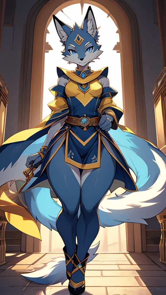 Short Male femenine fox with Wide hips, Big thighs, Gray fur, large butt, Slim shoulders, Slim waist, Gorgeous Navy blue eyes, wearing a Yellow tunic emiting a powerful blue aura 