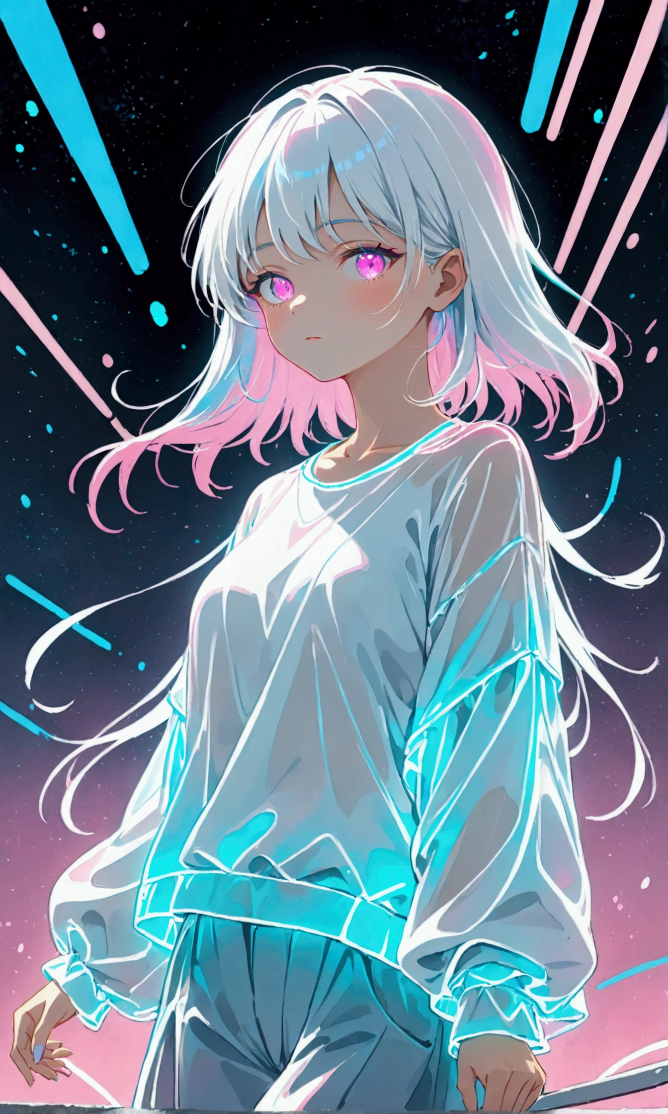 Light blue, pink and white watercolor,Rough fashion girl,(((Line art in glowing white neon))),Pale color background,Sparkling,flash,pastel colour,ネオンflash,Zentangle Elements,Absurd