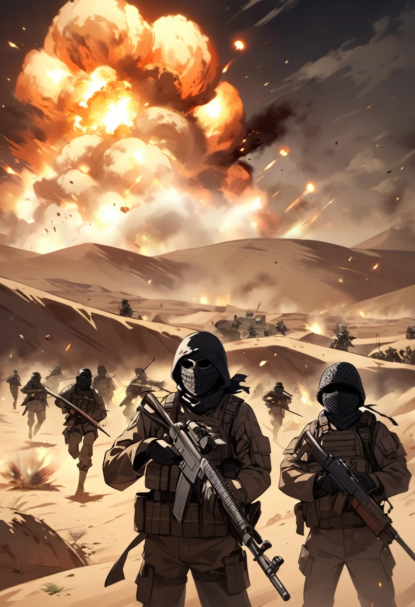  Terrorists, black balaclava, black clothes, war, desert, night, blood, sandstorm, chaos, nuclear explosion 