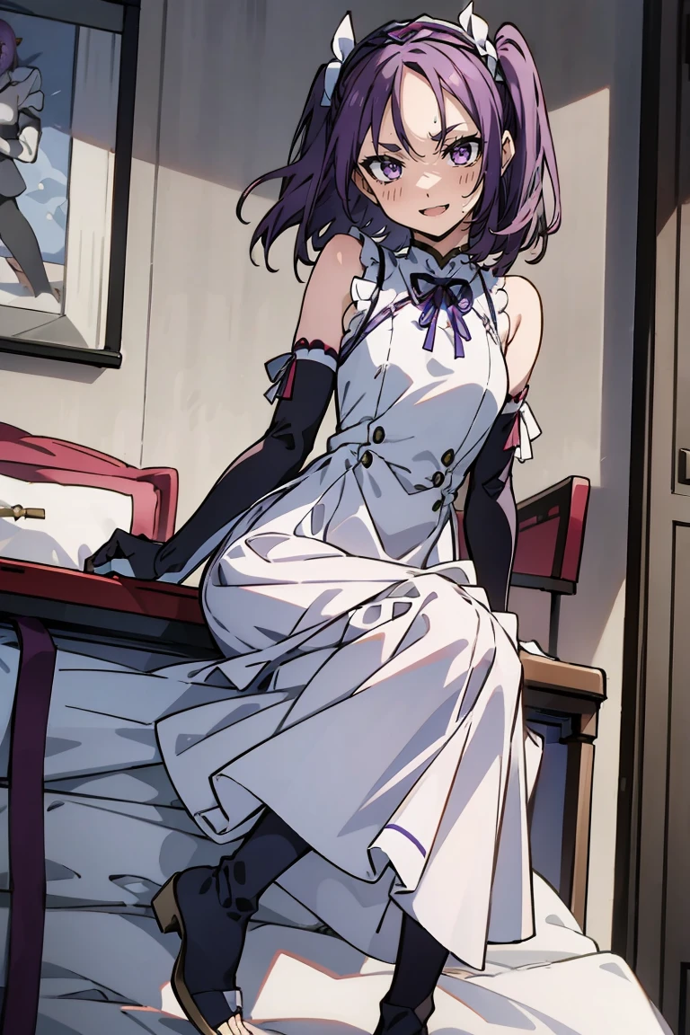 (masterpiece:1.2), (high quality:1.2), reo mikage, blue lock, girls with((1girl, solo, purple hair, (medium hair, right swept bangs, one side up:1.55), bare shoulder, blush, breasts, black sleeves, gloves, elbow gloves, choker, cleavage, cowboy shot, collar, collarbone, rosary, cross, white clothes, blouse, white dress, sleeveless, neck ribbon, big ribbon, cheongsam, cinderella dress, long dress, frilled panniers, open dress, leggings, boots, sandals, bare feet)), background with((bedroom, room:2.0))