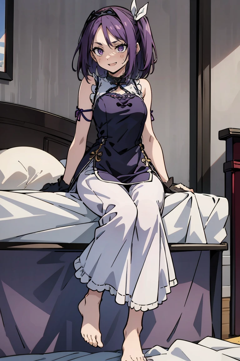 (masterpiece:1.2), (high quality:1.2), reo mikage, blue lock, girls with((1girl, solo, purple hair, (medium hair, right swept bangs, one side up:1.55), bare shoulder, blush, breasts, black sleeves, gloves, elbow gloves, choker, cleavage, cowboy shot, collar, collarbone, rosary, cross, white clothes, blouse, white dress, sleeveless, neck ribbon, big ribbon, cheongsam, cinderella dress, long dress, frilled panniers, open dress, leggings, boots, sandals, bare feet)), background with((bedroom, room:2.0))