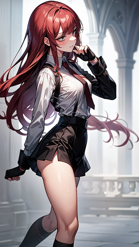 {{masterpiece}}, {{{Highest quality}}},{{Very detailed}}, {{figure}},{{tall}},{{Adult female}},,{{Fighting stance}},｛from side｝,{{Long sleeve mini skirt uniform}},{}},}}{}},{fighting stance}},{},{}, ,{{}},{{Eyelet foot}},,{{blushing with anger}},{{}},,{{}},{{}},,Slender body}}{{Avoidance}}{{Female police officer}},,,,suspenders　,Long sleeve mini skirt uniform, White High Socks,Black fingerless gloves, Long Red Hair, Red tie,Straight hair ,Blunt bangs,Thigh holster,.amountn loafer,,blush,Wrinkles ,amount,Grit your teeth,suffering,v-shaped eyebrows.,Sweat dripping,Medium chest ,get annoyed,,Slums,,Twisting,