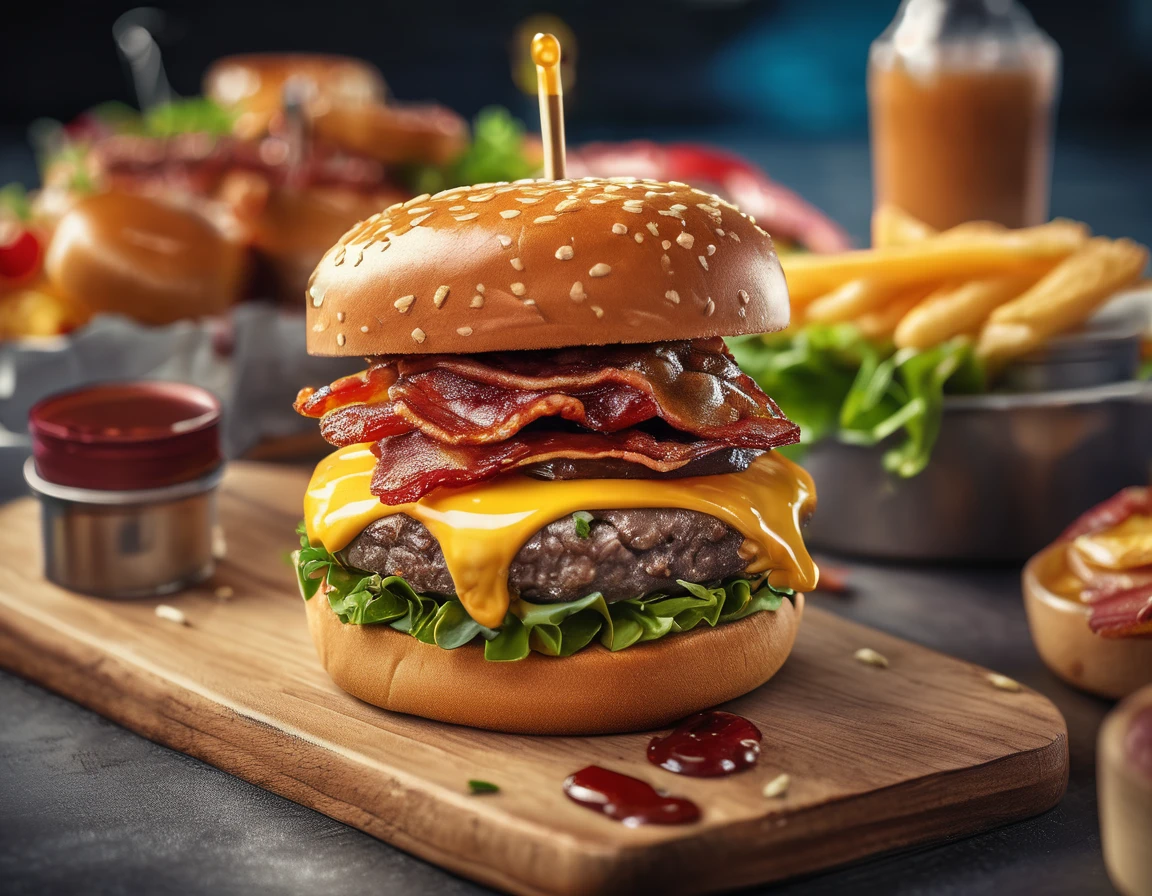 ((Gourmet Burger)), ((Ultra-Realistic Rendering)), ((Juicy pate)), ((Carefully crafted toppings)), ((Sesame bread)), ((Melting cheese)), ((Chris Pletas)), ((Sizzling bacon)), ((Add the sauce)), ((Angled close-up image)), ((Culinary masterpieces)), ((Vibrant colors)), ((Appetizing presentation)), ((Artistic plating)), ((Soft natural light)), ((Bokeh Background)), ((Flavorful atmosphere)), ((Gastronomic Delights)), ((Focus distance 85mm)), ((Sony A7R IV)), ((wide aperture)), ((Definition of 8k)), ((Inspired by food art)), ((Emotionally engaging)), ((Culinary Innovation)) Fast food restaurant hamburger set