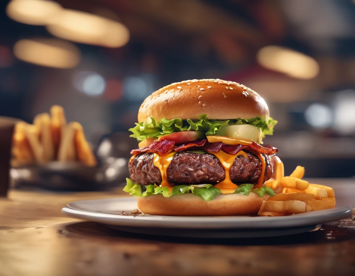 ((Gourmet Burger)), ((Ultra-Realistic Rendering)), ((Juicy pate)), ((Carefully crafted toppings)), ((Sesame bread)), ((Melting cheese)), ((Chris Pletas)), ((Sizzling bacon)), ((Add the sauce)), ((Angled close-up image)), ((Culinary masterpieces)), ((Vibrant colors)), ((Appetizing presentation)), ((Artistic plating)), ((Soft natural light)), ((Bokeh Background)), ((Flavorful atmosphere)), ((Gastronomic Delights)), ((Focus distance 85mm)), ((Sony A7R IV)), ((wide aperture)), ((Definition of 8k)), ((Inspired by food art)), ((Emotionally engaging)), ((Culinary Innovation))　Fast food restaurant hamburger set