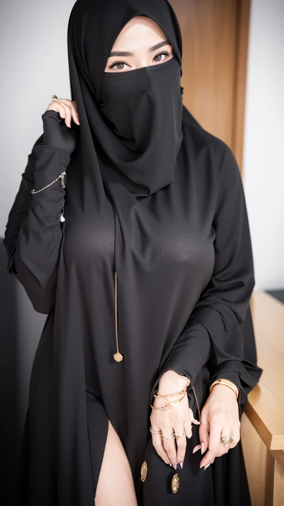 8K, high quality, nice lighting, soft lighting, realistic, dark eyes, sexy, big breasts, thighs, wide hips, arabic dress, black dress, Jewelry, sexy lady, asian, hijab, niqab, sexy pose, showing big thighs, nice body, natural largest breast, wearing rings for woman, office girl, sexy posing, hand sock, mature woman