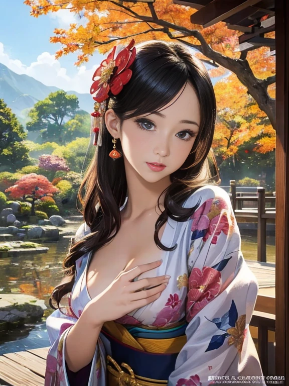 (Highest quality、 8k 、masterpiece、High resolution)、 Japanese painting、Vibrant colors、A woman wearing a kimono、Ample breasts、Hands on chest、(Highly detailed face and eyes,Beautiful Face,Beautiful Eyes,Beautiful nose,Pretty lips)、Dynamic painting technique、Japanese garden、Autumn scenery、autumn leaves、Starry Sky、Detailed Description、