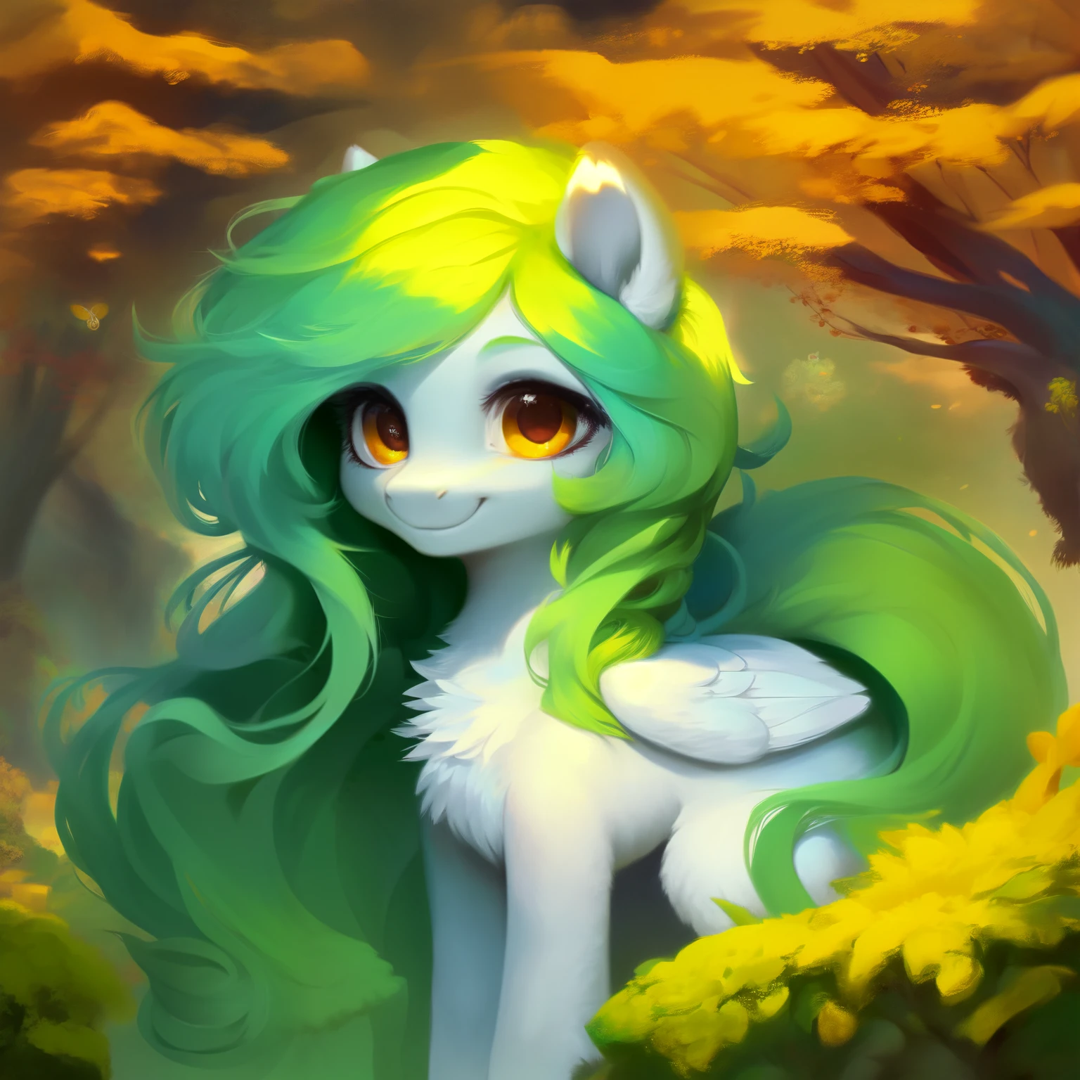 rating_safe, score_9, fluffy, a child , a little pegasus pony with spread wings. She had white skin, Moss green mane, long mane,a happy smile, and innocent and clear golden eyes. happily,Childlike innocence。only 2 wings。She is a spiritually curious child。