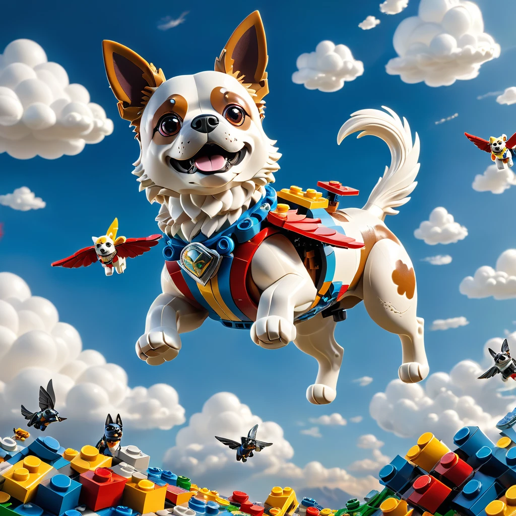 best quality, very good, 16K, ridiculous, Very detailed, Dog flying in the air,Made of Lego, ((cloud))((A masterpiece full of fantasy elements))), ((best quality)), ((Intricate details))(8K)