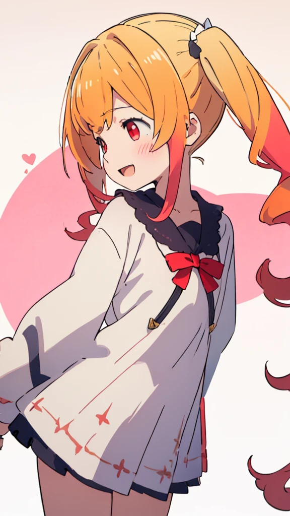 ((masterpiece))((Highest quality))girl、Laughing with your mouth open、blush、Flat Chest、Are thin、Blonde Hair、blush、Are standing、Whole body image、No background、Hair is two colors、Twin tails、Red Eyes、Two-tone red and yellow hair、Angle from the side、profile