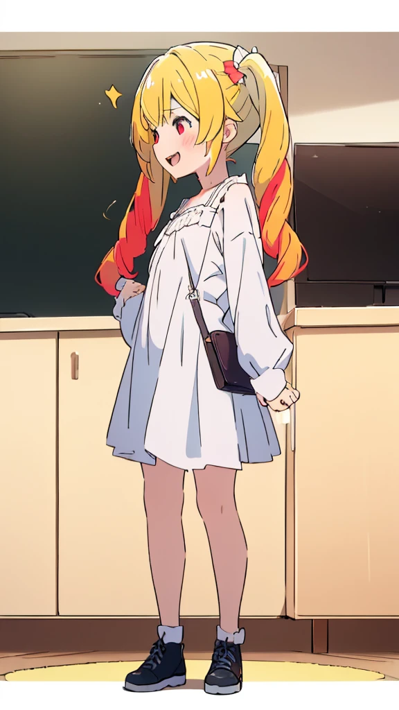 ((masterpiece))((Highest quality))girl、Laughing with your mouth open、blush、Flat Chest、Are thin、Blonde Hair、blush、Are standing、Whole body image、No background、Hair is two colors、Twin tails、Red Eyes、Two-tone red and yellow hair、Angle from the side、profile