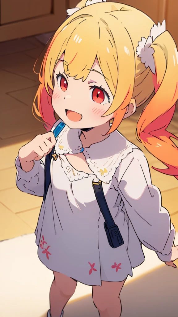 ((masterpiece))((Highest quality))girl、Laughing with your mouth open、blush、Flat Chest、Are thin、Blonde Hair、blush、Are standing、Whole body image、No background、Hair is two colors、Twin tails、Red Eyes、Two-tone red and yellow hair、Angle from the side、profile