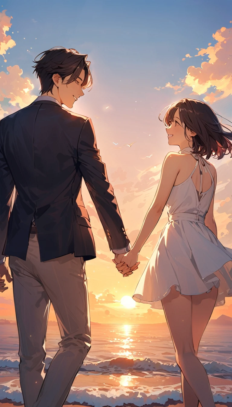 Couple holding hands, a man ,black short hair, 25 years old, a woman , Dark brown short bob, 23 years old,smile,Happy atmosphere,Seaside