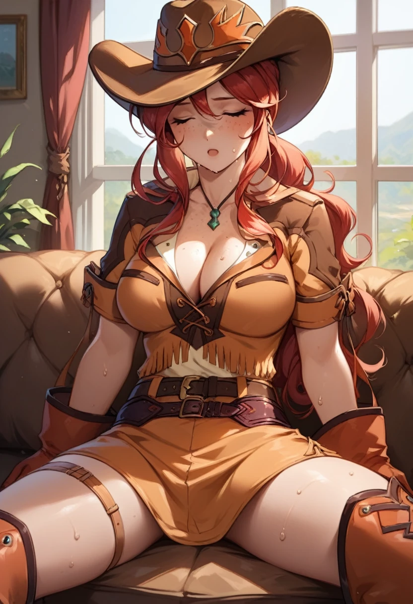 score_9, score_8_up, score_7_up, very aesthetic, source_anime, detailed, high quality, beautiful, masterpiece, detailed eyes,
Indoors, couch,
cowboy shot, upper body, aroused facial expression, blush, sweat, mouth open,
gemini sunrise, red hair, long hair, closed eyes, freckles, sidelocks, , cleavage, fe viewer, looking at the viewer, sit down, (spread-out legs),
belt, thigh strap, cowboy hat, cowboy boots, fringe trim, gloves, miniskirt, zPDXL