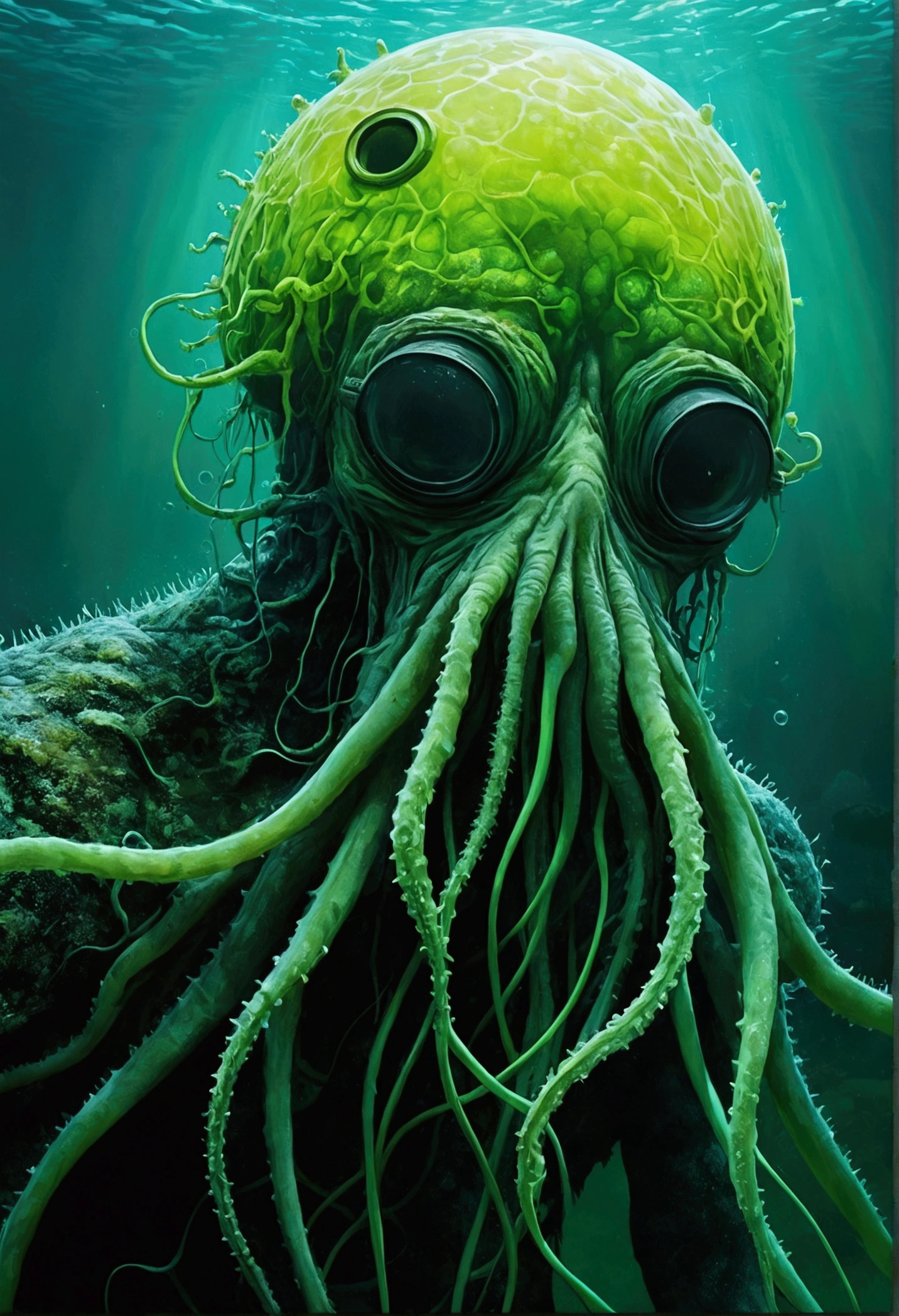 Under the veil of nuclear contamination, Marine life around the world began to mutate, Transform into a monster. The entire painting is covered in fluorescent green tones., Symbolizes nuclear radiation. Light pours down from the water, Strange shapes that illuminate these mutant organisms. This photo has a wide depth of field, The endless sea is filled with the images of these monsters, Paint the big picture.,Kunsei Magazine,