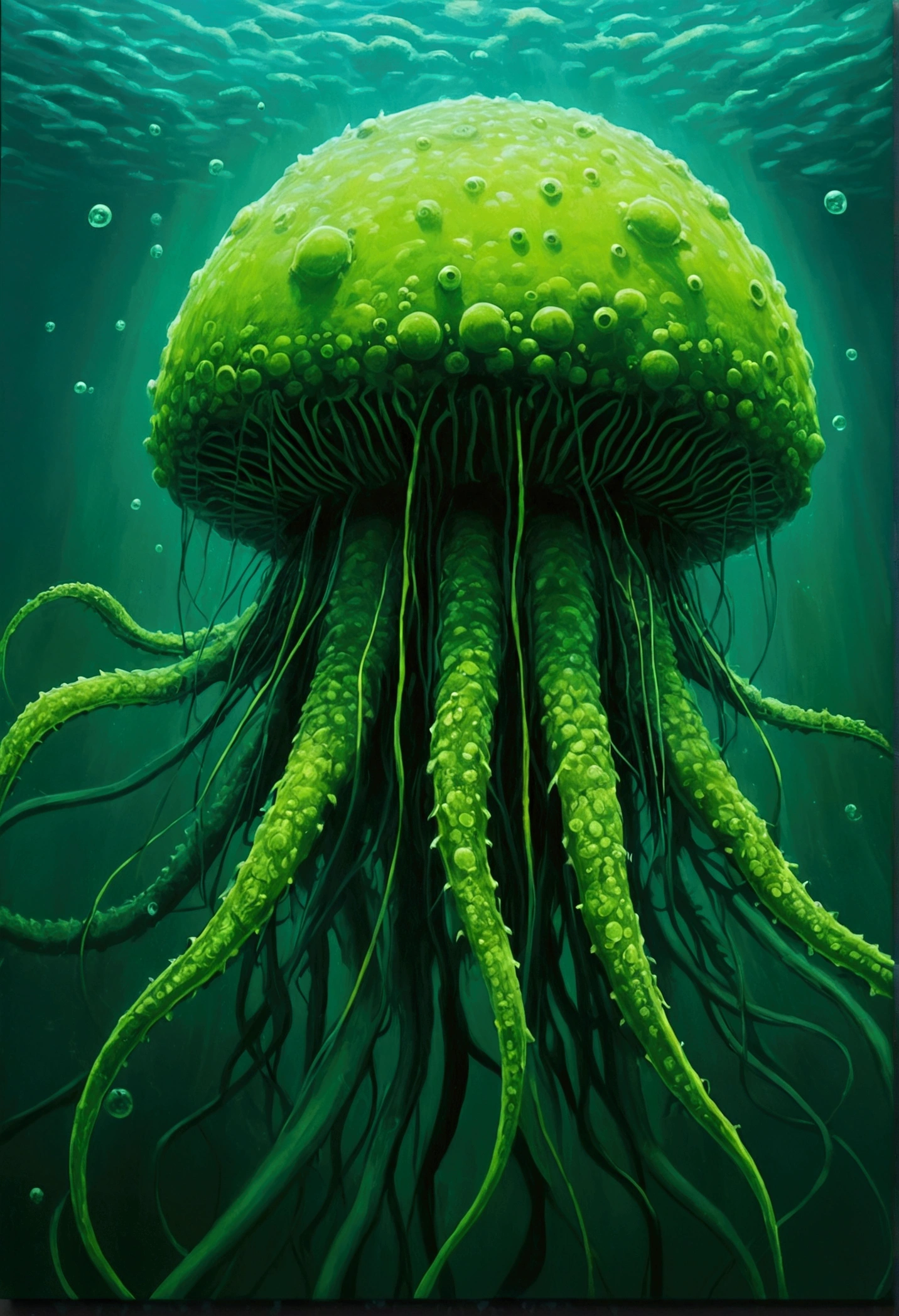 Under the veil of nuclear contamination, Marine life around the world began to mutate, Transform into a monster. The entire painting is covered in fluorescent green tones., Symbolizes nuclear radiation. Light pours down from the water, Strange shapes that illuminate these mutant organisms. This photo has a wide depth of field, The endless sea is filled with the images of these monsters, Paint the big picture.,Kunsei Magazine,