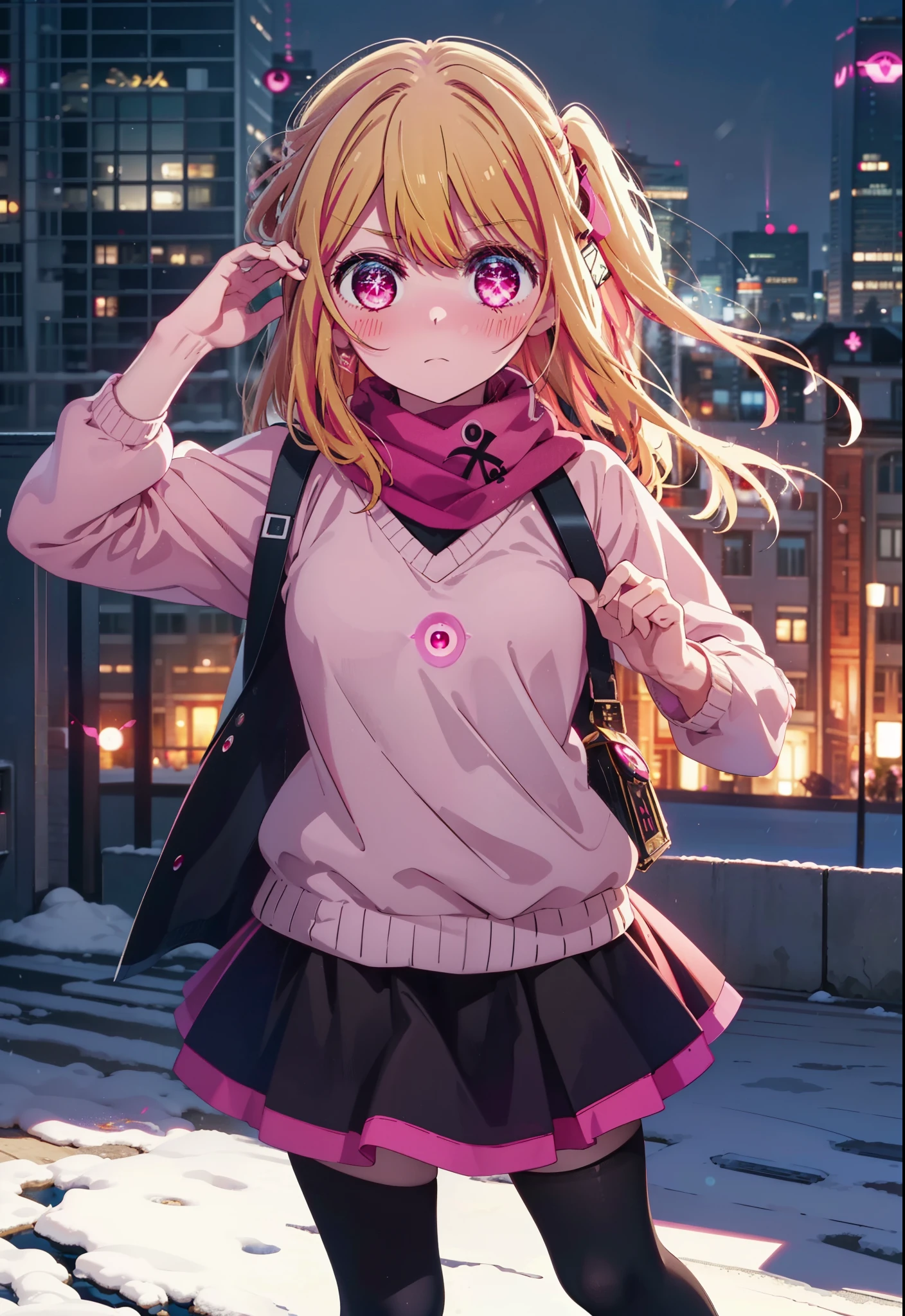 rubyhoshino, Ruby Hoshino, Long Hair, bangs, blonde, (Pink Eyes:1.3), (Symbol-shaped pupil:1.5), Multicolored Hair, Two-tone hair, Earmuffs,Knthatted hat,Purple scarf,V-neck sweater,Long skirt,Black Pantyhose,short boots,Standing leaning against a wall,Snow is piling up,that&#39;it&#39;s snowing,whole bodyがイラスト入るように,Hide in a roofed building,
break outdoors, Area,
break looking at viewer, whole body,
break (masterpiece:1.2), Highest qualthaty, High resolution, unthaty 8k wallpaper, (shape:0.8), (Beautiful attention to detail:1.6), Highly detailed face, Perfect lighting, Highly detailed CG, (Perfect hands, Perfect Anatomy),