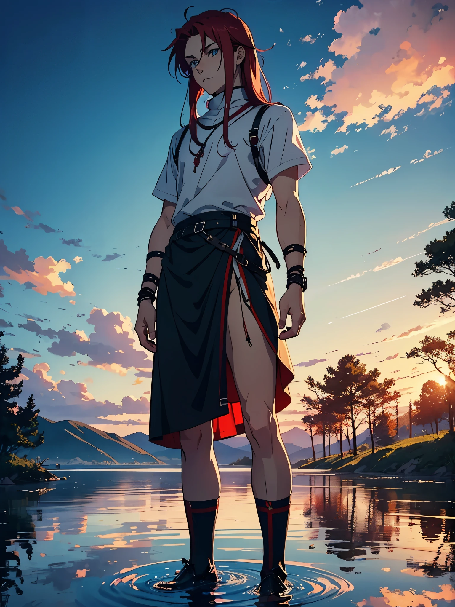 Bondage. Strapsen. Boy. Shorter skirt. More anime style. blue flames. 2d. flatter. anime style. Viking clothing. soft. More anime. Standing in a lake. More anime. More 2d. Clean. More anime. 2d. Glow. Red hair. More anime. male. Long hair. long red hair. boy, vikings. red hair. Blue eyes. fire.