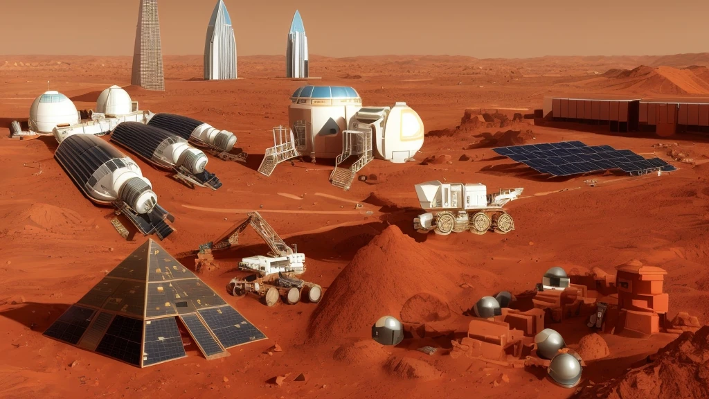 Mars base construction,On the red Martian soil,There are high-rise buildings and ultra-modern houses,There are neatly arranged solar panels harnessing solar energy,There is a huge 3D printer printing a pyramid structure,There are transporters transporting bricks,Realistic,Don't use bells and whistles,The proportion of changes in the original picture is small,4K